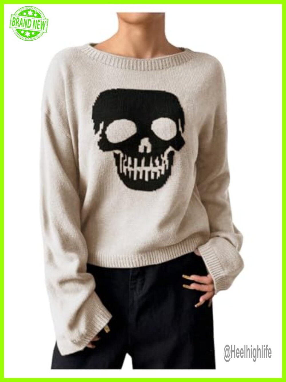 Womens Skull Print Crew Neck Pullover Sweater Long Sleeve Loose Fit